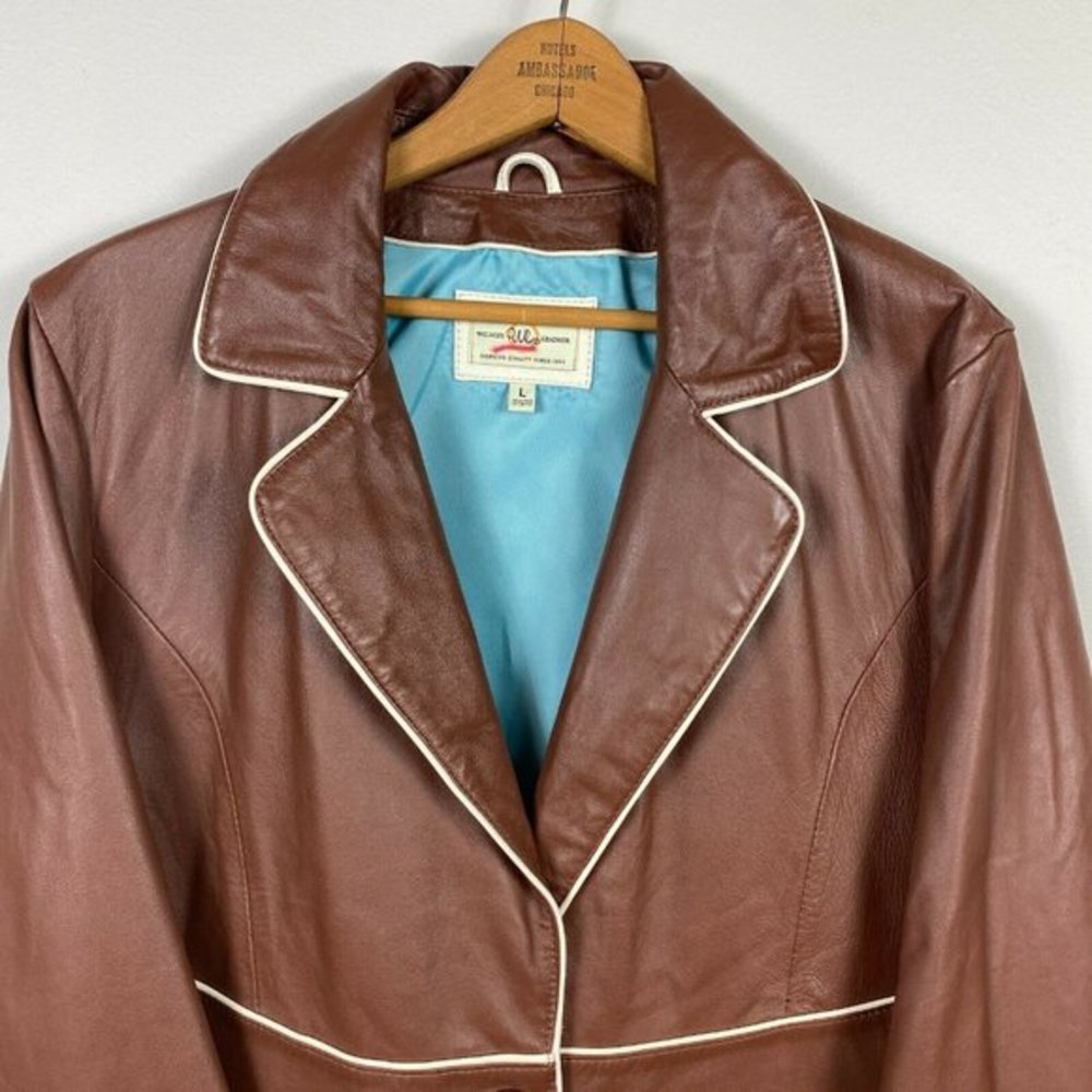 Wilsons Leather Jacket L Womens Retro V-Neck 1-Button Pockets Brown White Piping - Picture 2 of 10